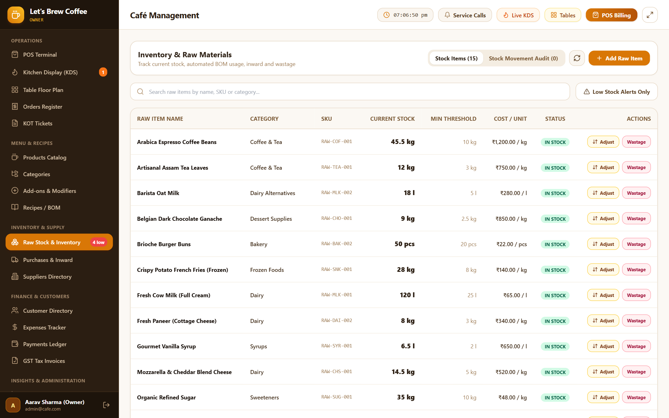 Raw Materials and Stock Movements Screen