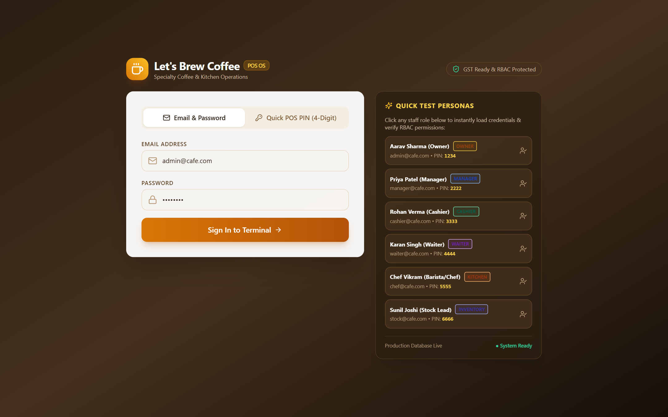 Login and Rapid PIN Keypad Personas Screen