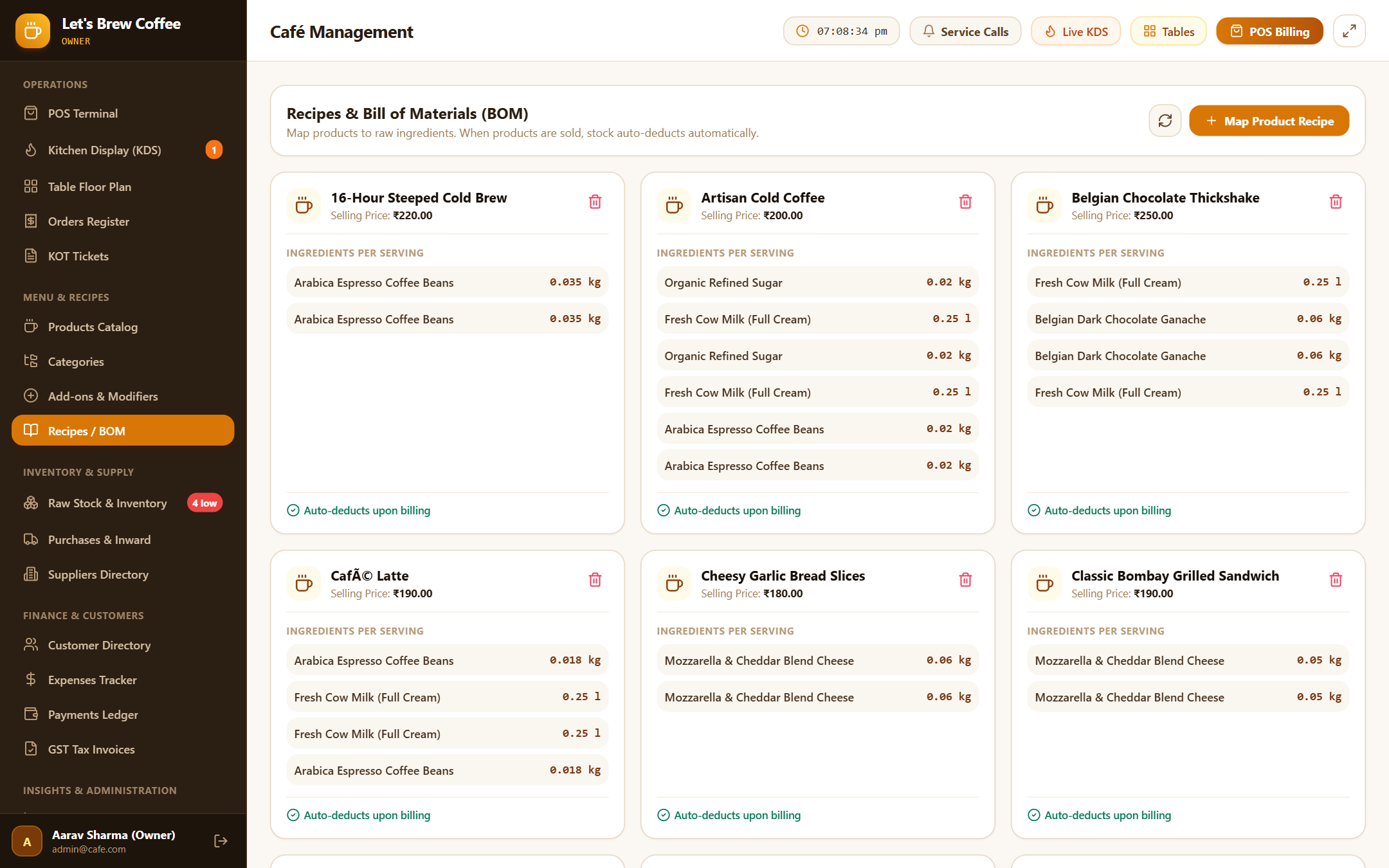 Automated Recipe BOM Engine Mapping Screen
